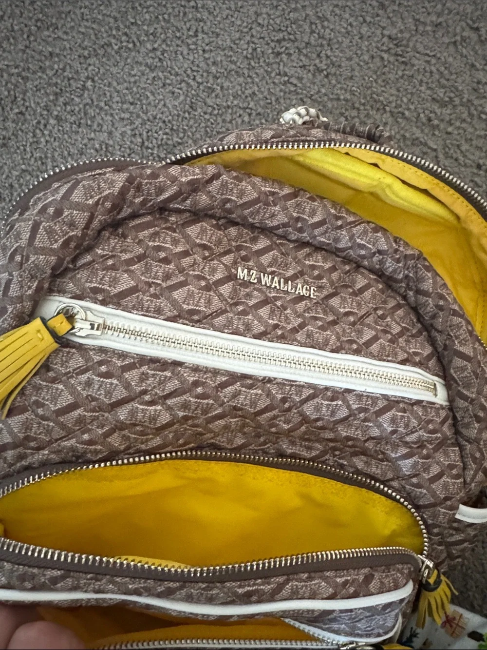 MZ Wallace Brown Mini Quilted Backpack with Yellow Accents